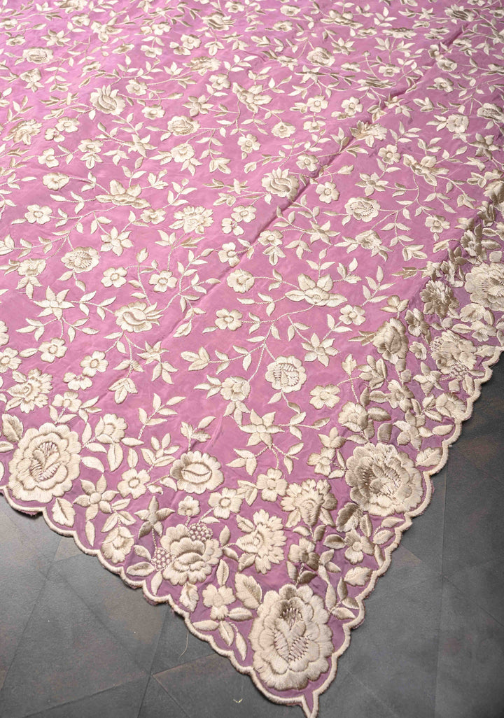 Georgette Saree in Dusty Pink with Ivory Floral Jaal Embroidery