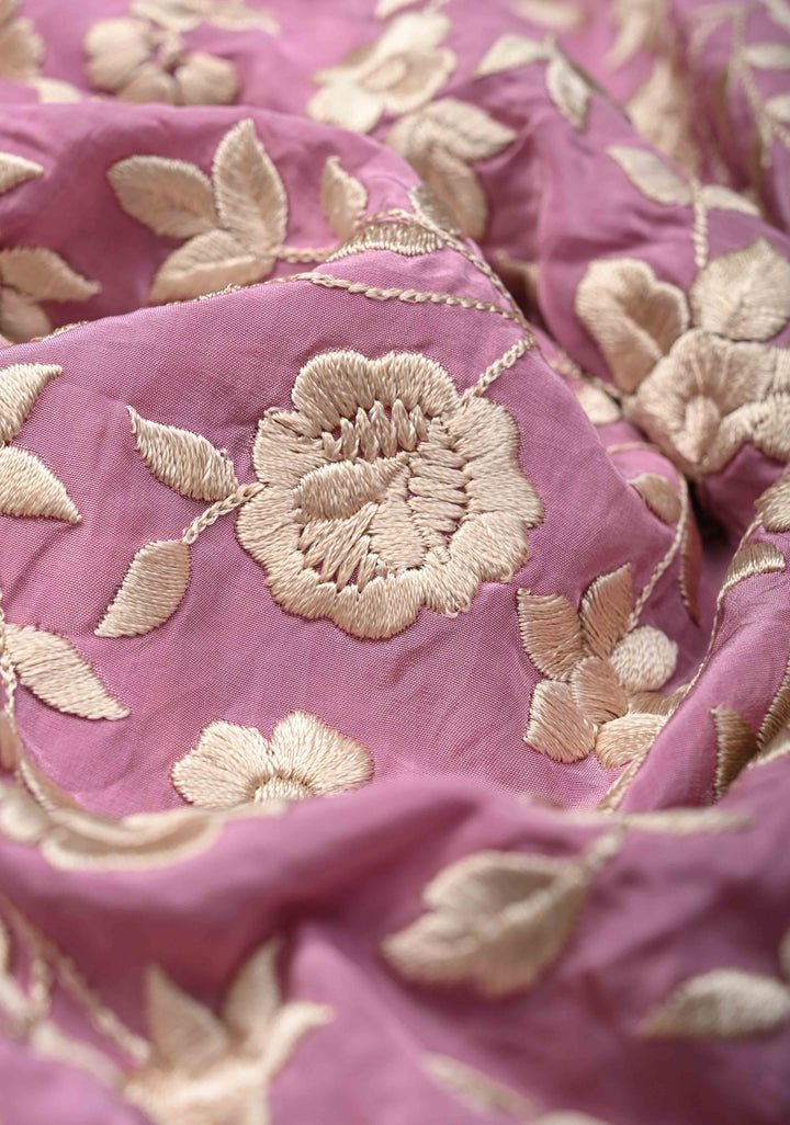 Georgette Saree in Dusty Pink with Ivory Floral Jaal Embroidery