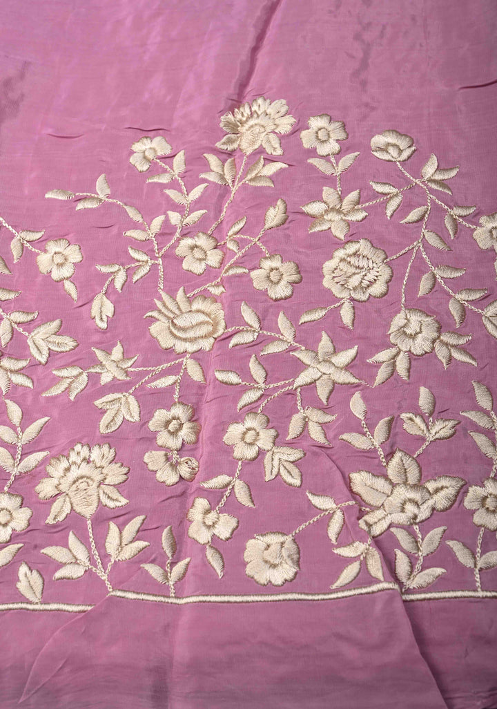 Georgette Saree in Dusty Pink with Ivory Floral Jaal Embroidery