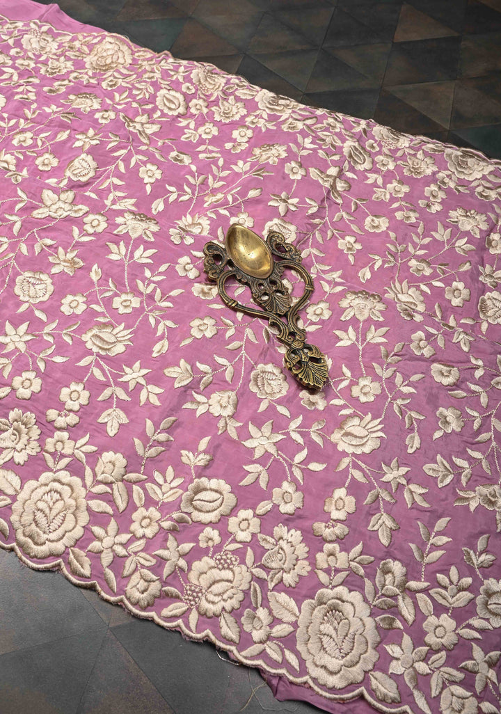Georgette Saree in Dusty Pink with Ivory Floral Jaal Embroidery