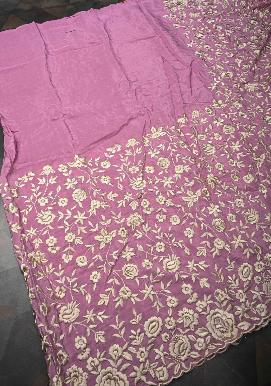 Georgette Saree in Dusty Pink with Ivory Floral Jaal Embroidery