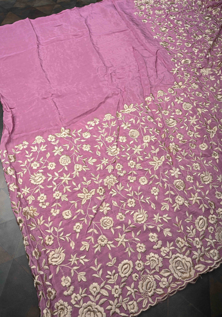 Georgette Saree in Dusty Pink with Ivory Floral Jaal Embroidery