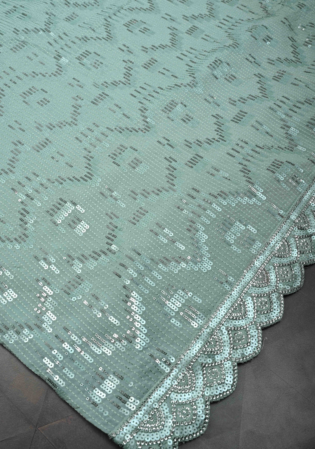 Pale Teal Full Sequins Embellished on Georgette Saree with Scalloped Border