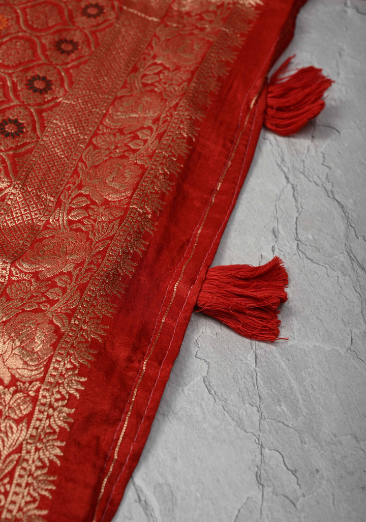 Dark Rust Orange Viscose Saree with Meenakari Floral Jaal and Zari Border
