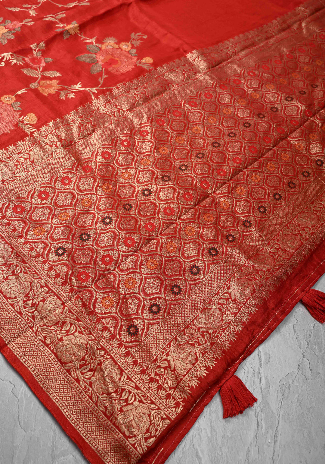 Dark Rust Orange Viscose Saree with Meenakari Floral Jaal and Zari Border