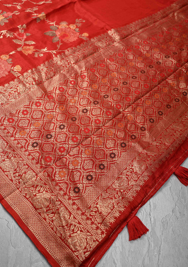 Dark Rust Orange Viscose Saree with Meenakari Floral Jaal and Zari Border