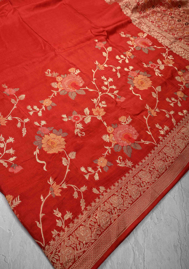 Dark Rust Orange Viscose Saree with Meenakari Floral Jaal and Zari Border