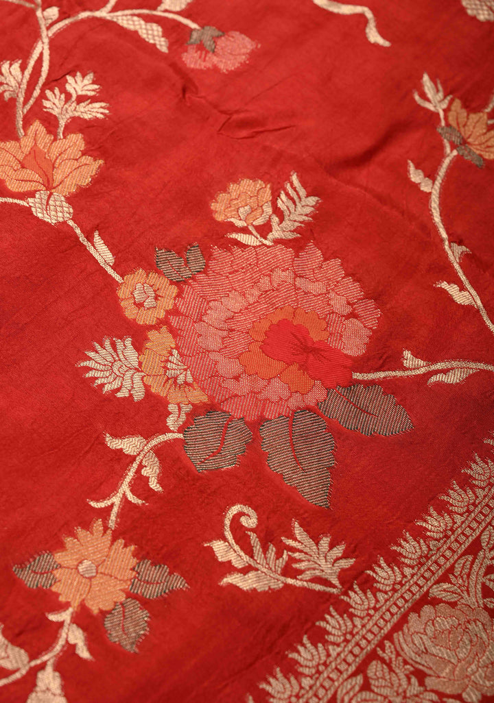 Dark Rust Orange Viscose Saree with Meenakari Floral Jaal and Zari Border