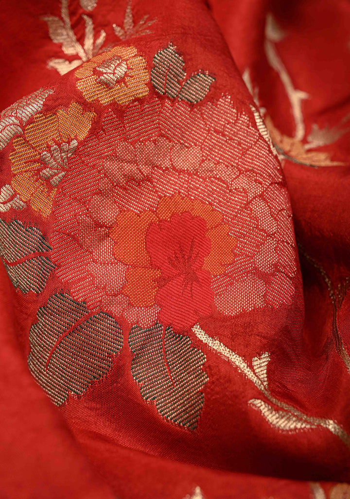 Dark Rust Orange Viscose Saree with Meenakari Floral Jaal and Zari Border