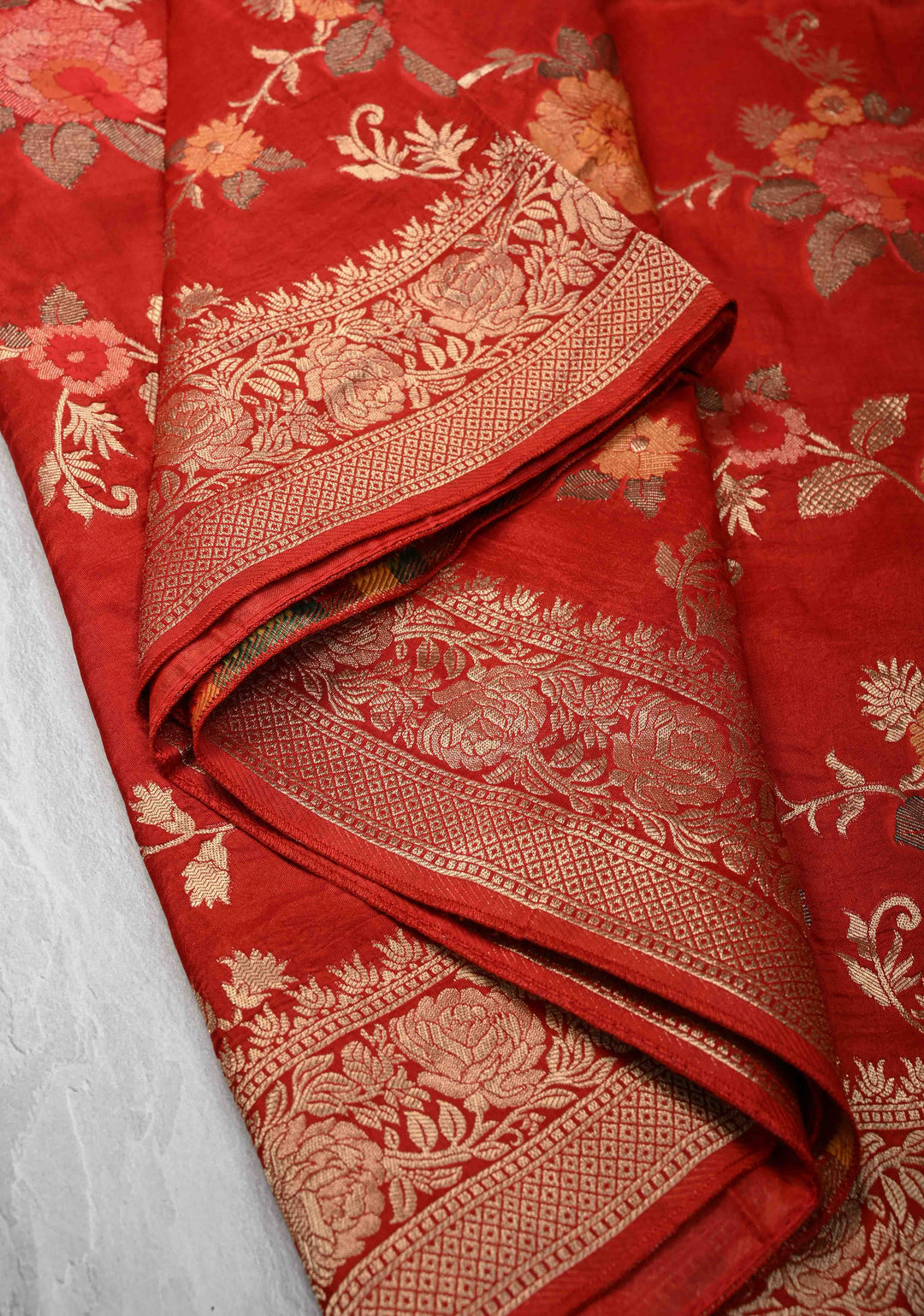 Dark Rust Orange Viscose Saree with Meenakari Floral Jaal and Zari Border
