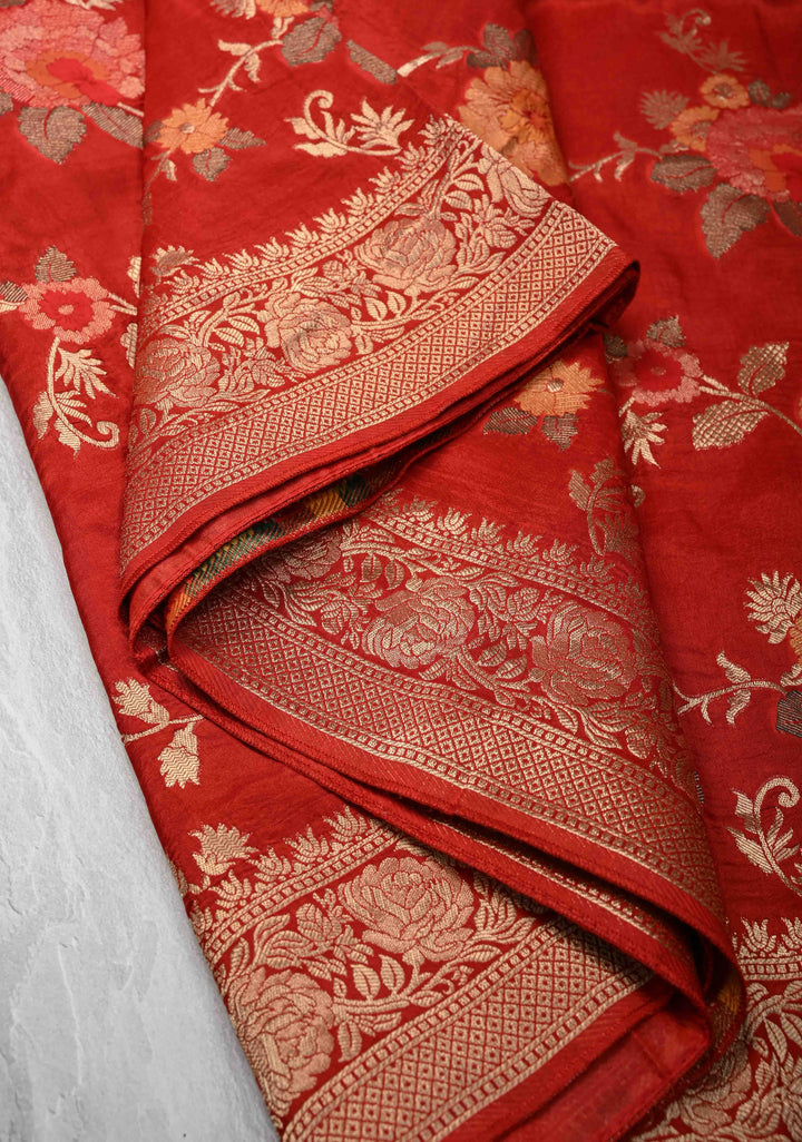 Dark Rust Orange Viscose Saree with Meenakari Floral Jaal and Zari Border