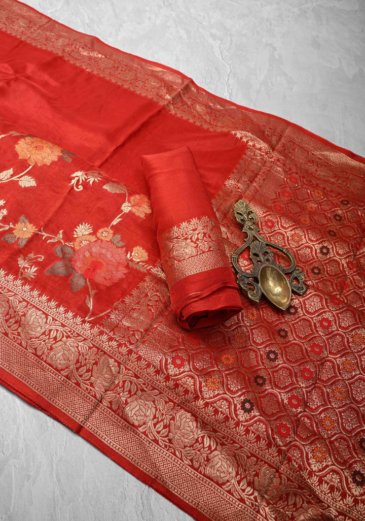 Dark Rust Orange Viscose Saree with Meenakari Floral Jaal and Zari Border