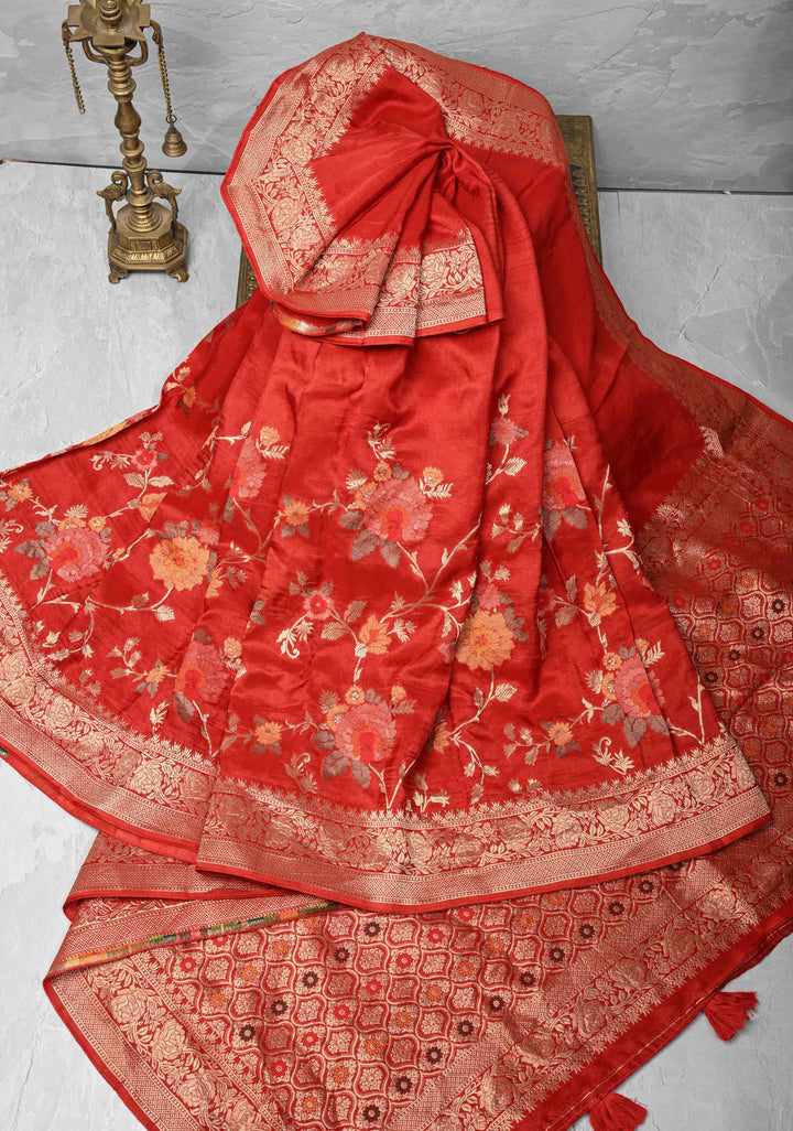 Dark Rust Orange Viscose Saree with Meenakari Floral Jaal and Zari Border