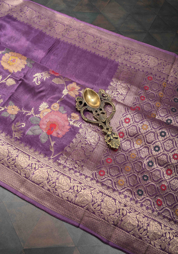 Dark Lavender Viscose Saree with Meenakari Floral Jaal and Zari Border
