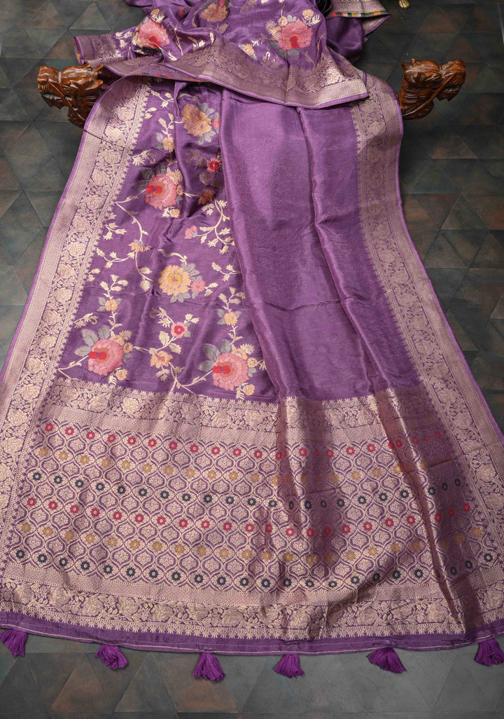 Dark Lavender Viscose Saree with Meenakari Floral Jaal and Zari Border