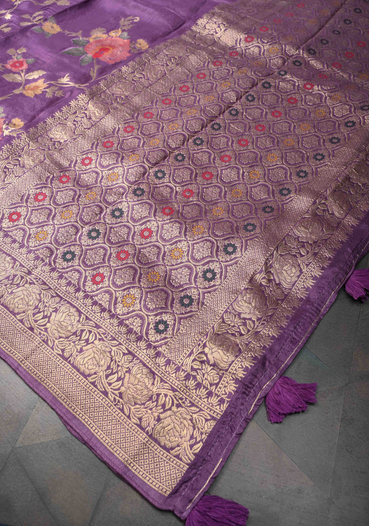 Dark Lavender Viscose Saree with Meenakari Floral Jaal and Zari Border