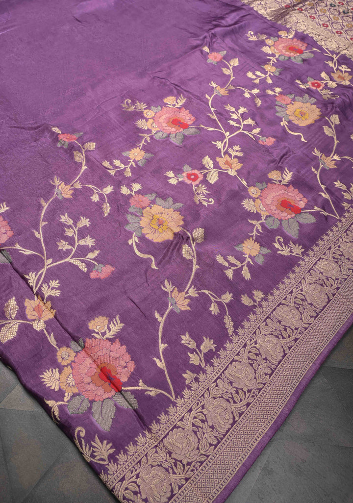 Dark Lavender Viscose Saree with Meenakari Floral Jaal and Zari Border