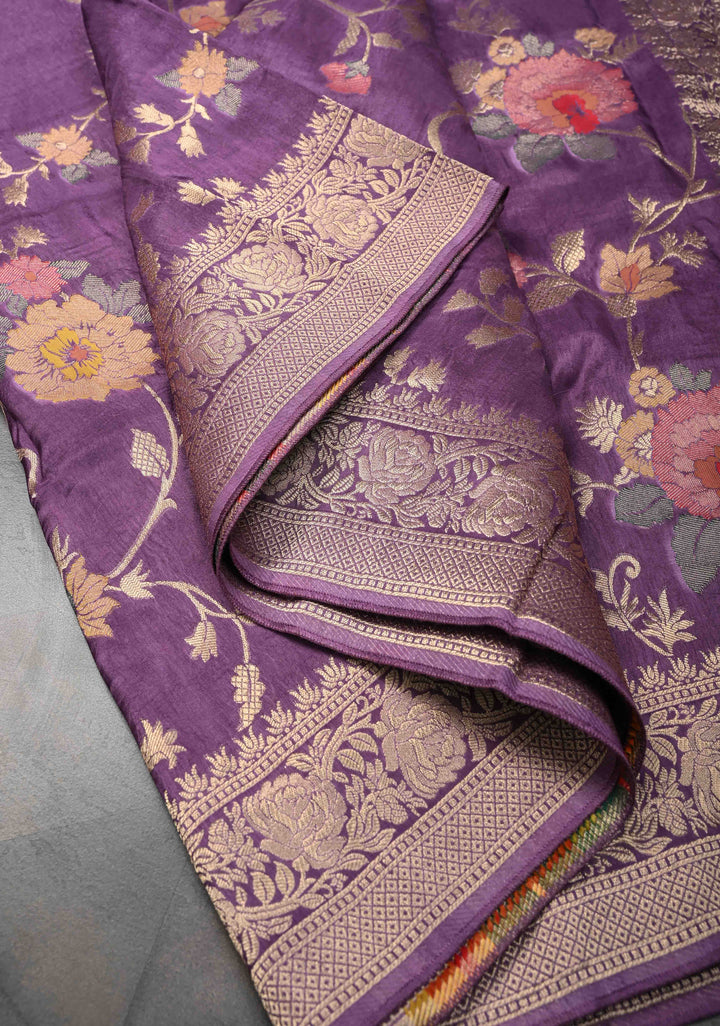 Dark Lavender Viscose Saree with Meenakari Floral Jaal and Zari Border