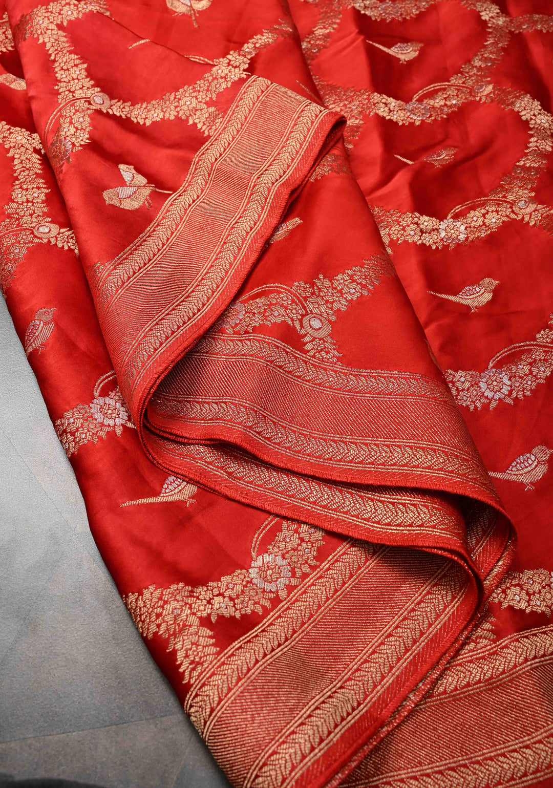 Red Semi Mashru Silk Saree with Alfi Scallop Design and Zari border