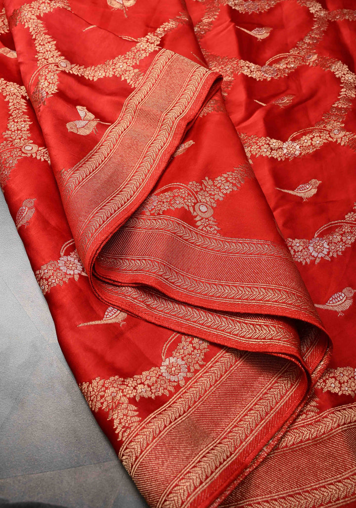 Red Semi Mashru Silk Saree with Alfi Scallop Design and Zari border