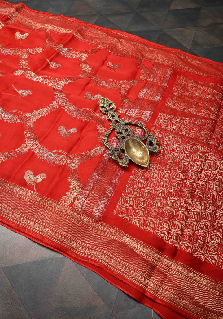 Red Semi Mashru Silk Saree with Alfi Scallop Design and Zari border