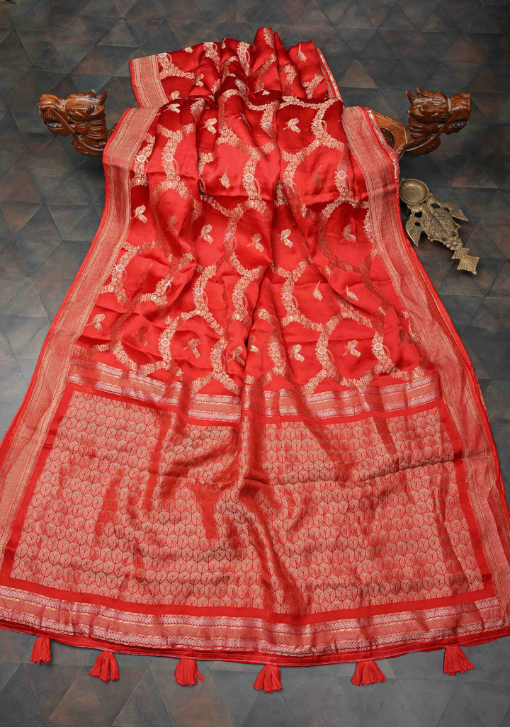 Red Semi Mashru Silk Saree with Alfi Scallop Design and Zari border