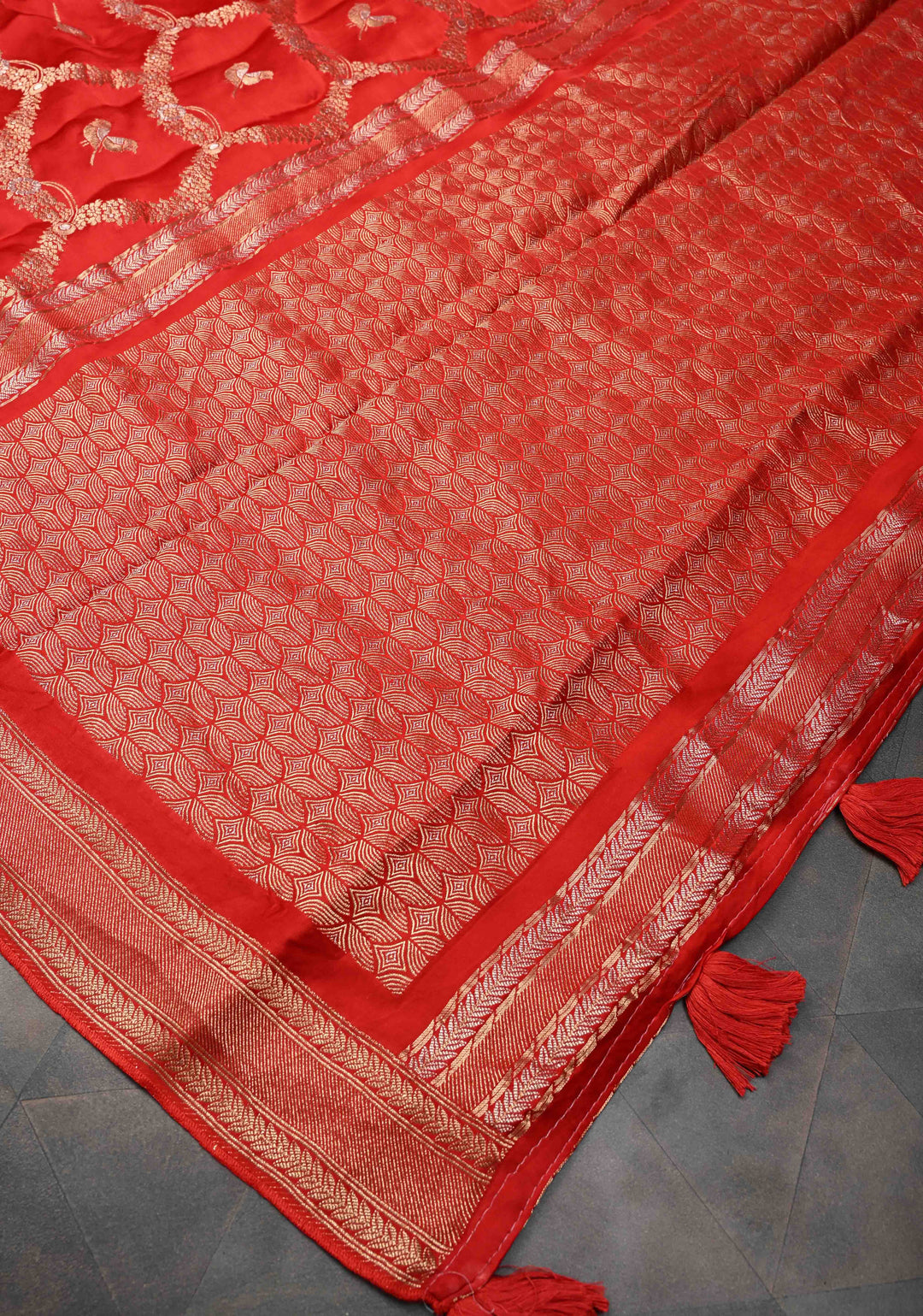 Red Semi Mashru Silk Saree with Alfi Scallop Design and Zari border