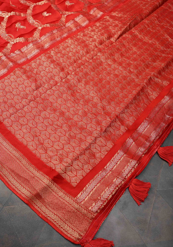 Red Semi Mashru Silk Saree with Alfi Scallop Design and Zari border