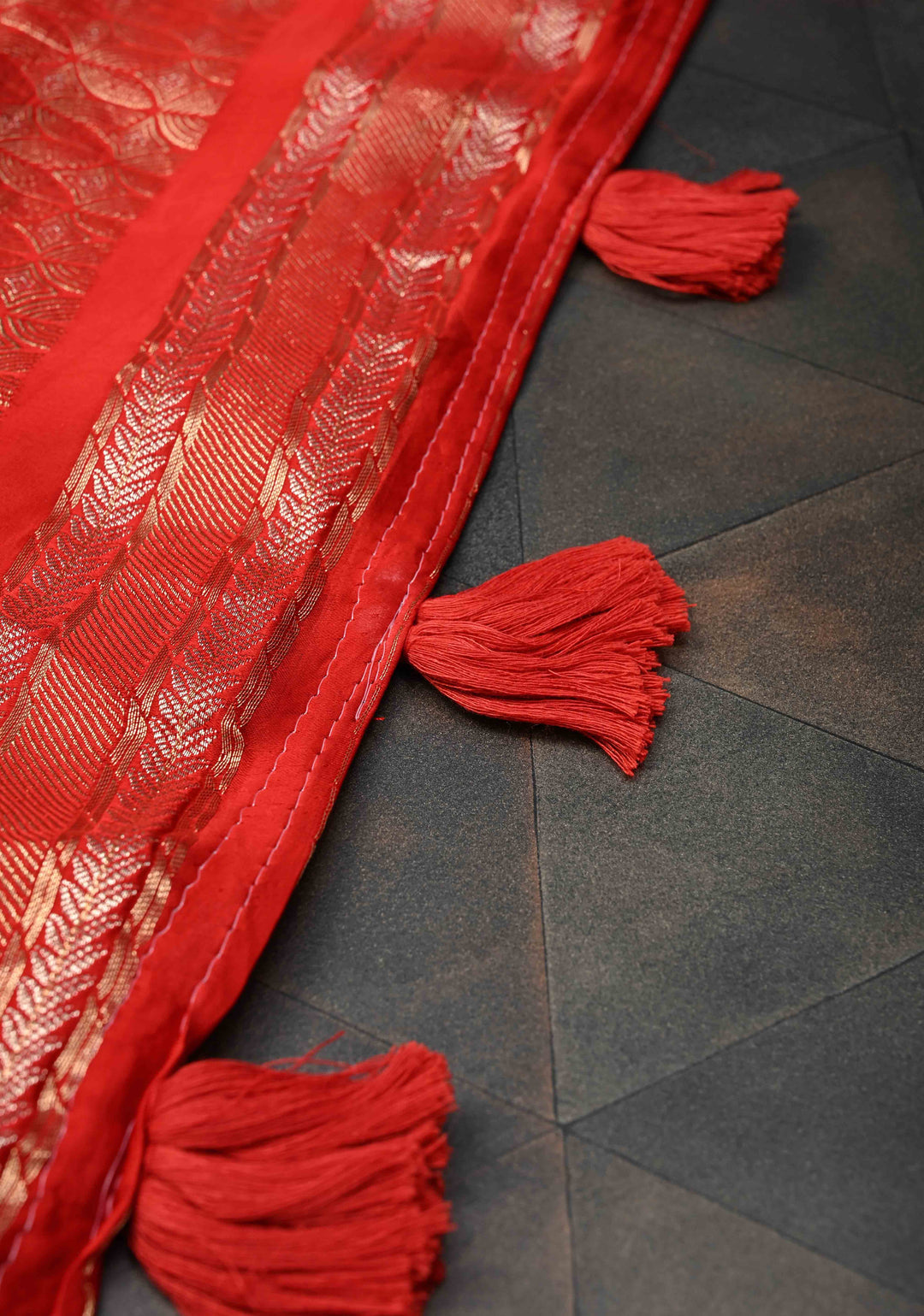 Red Semi Mashru Silk Saree with Alfi Scallop Design and Zari border