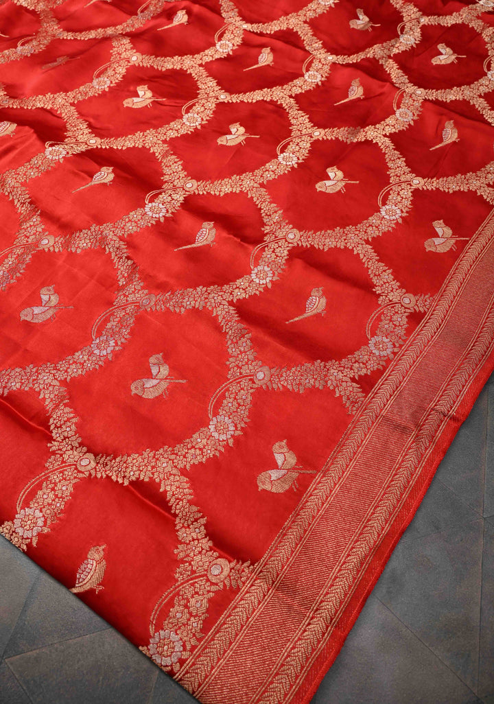 Red Semi Mashru Silk Saree with Alfi Scallop Design and Zari border