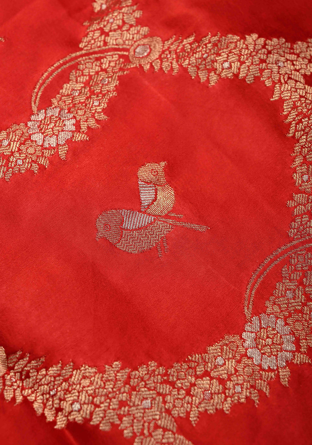 Red Semi Mashru Silk Saree with Alfi Scallop Design and Zari border