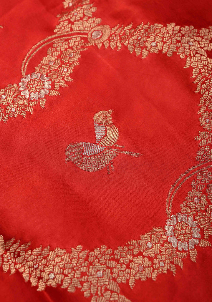 Red Semi Mashru Silk Saree with Alfi Scallop Design and Zari border
