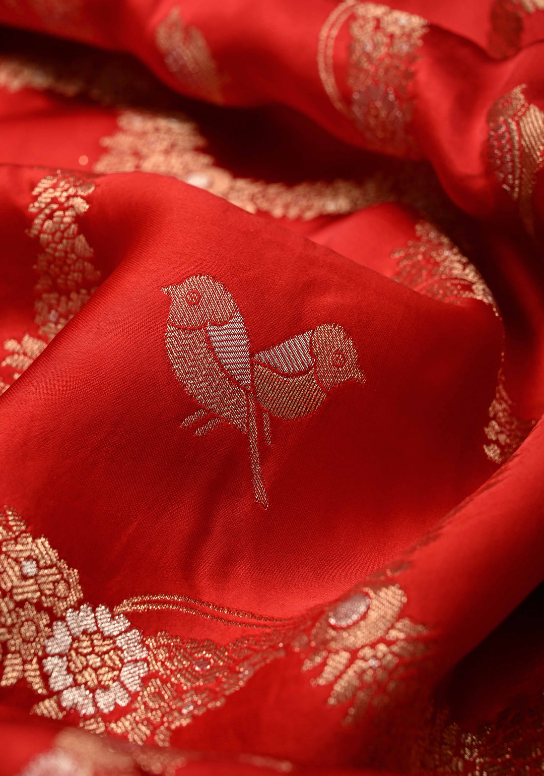 Red Semi Mashru Silk Saree with Alfi Scallop Design and Zari border