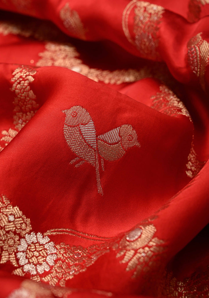 Red Semi Mashru Silk Saree with Alfi Scallop Design and Zari border