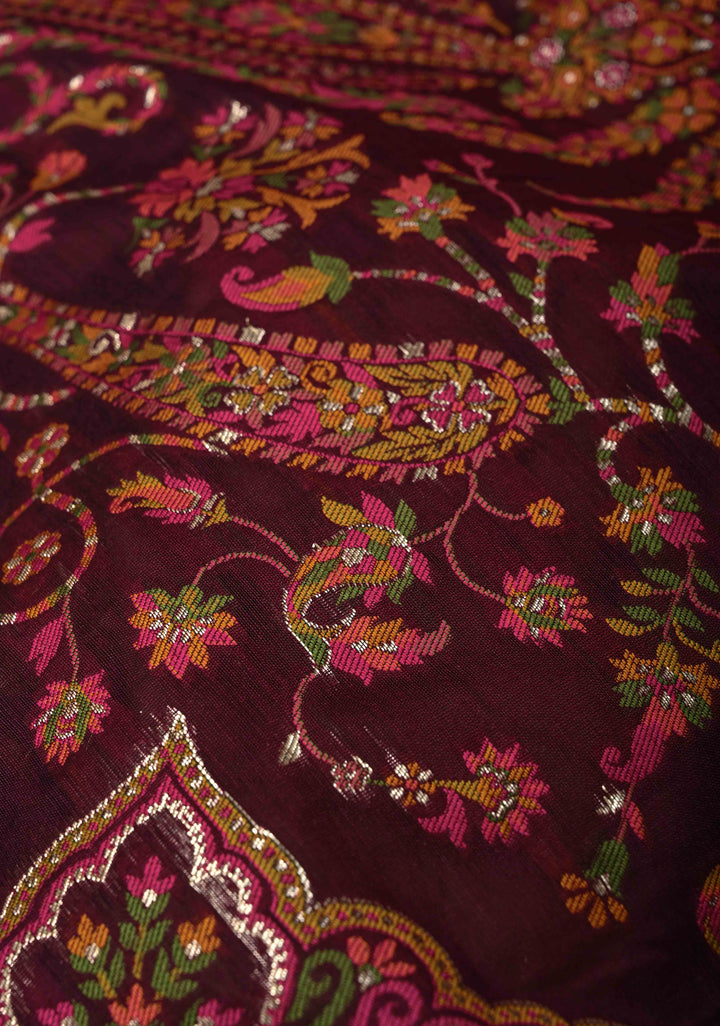 Kani Design with Floral Jaal in Dark Plum Rayon Saree.