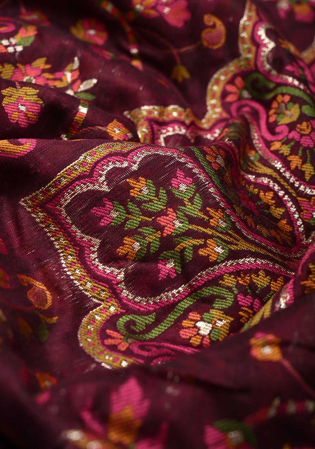 Kani Design with Floral Jaal in Dark Plum Rayon Saree.