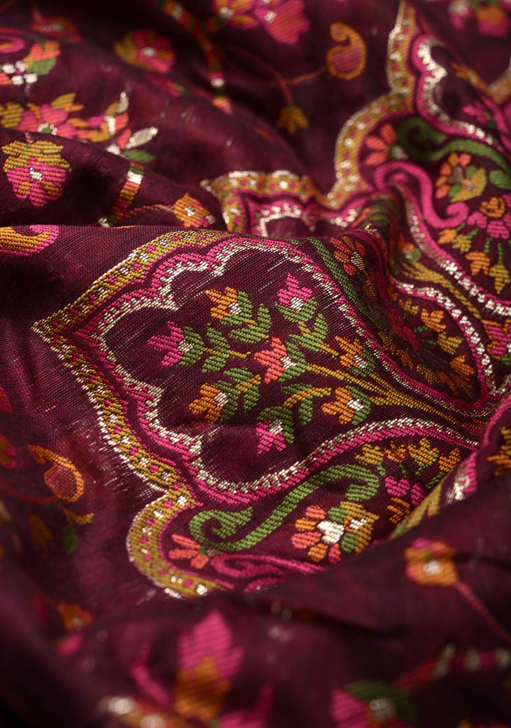 Kani Design with Floral Jaal in Dark Plum Rayon Saree.