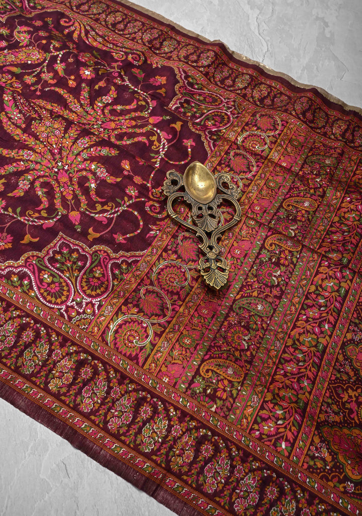 Kani Design with Floral Jaal in Dark Plum Rayon Saree.