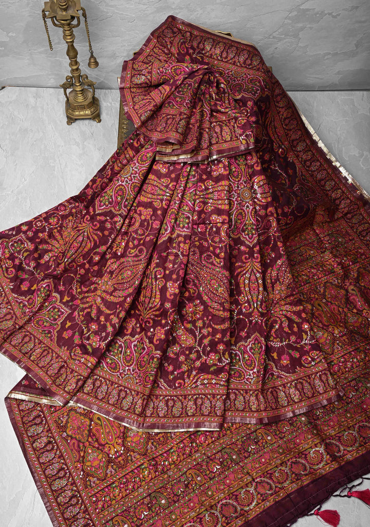 Kani Design with Floral Jaal in Dark Plum Rayon Saree.