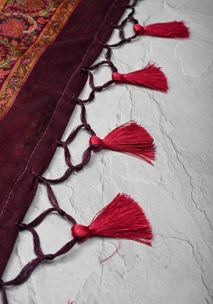 Kani Design with Floral Jaal in Dark Plum Rayon Saree.