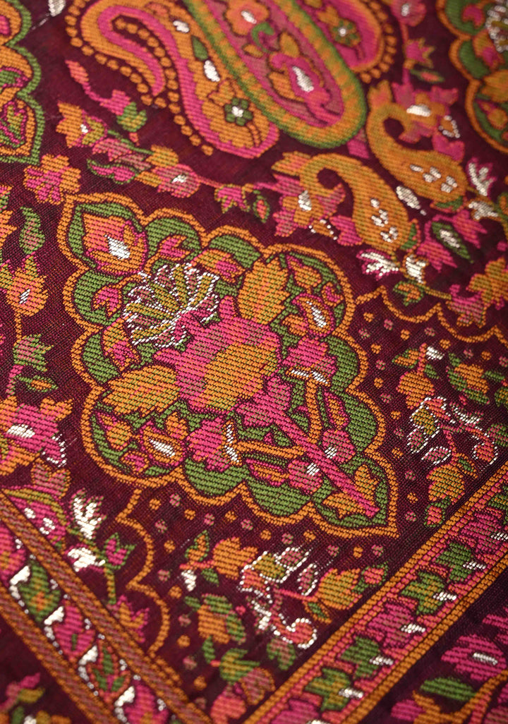 Kani Design with Floral Jaal in Dark Plum Rayon Saree.