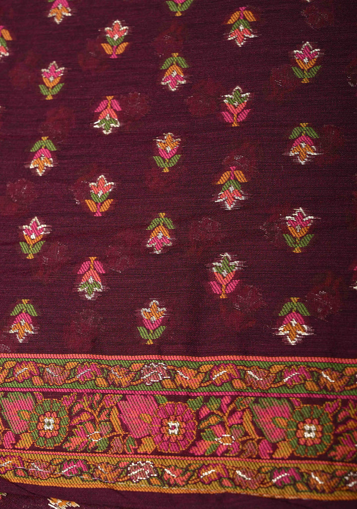 Kani Design with Floral Jaal in Dark Plum Rayon Saree.