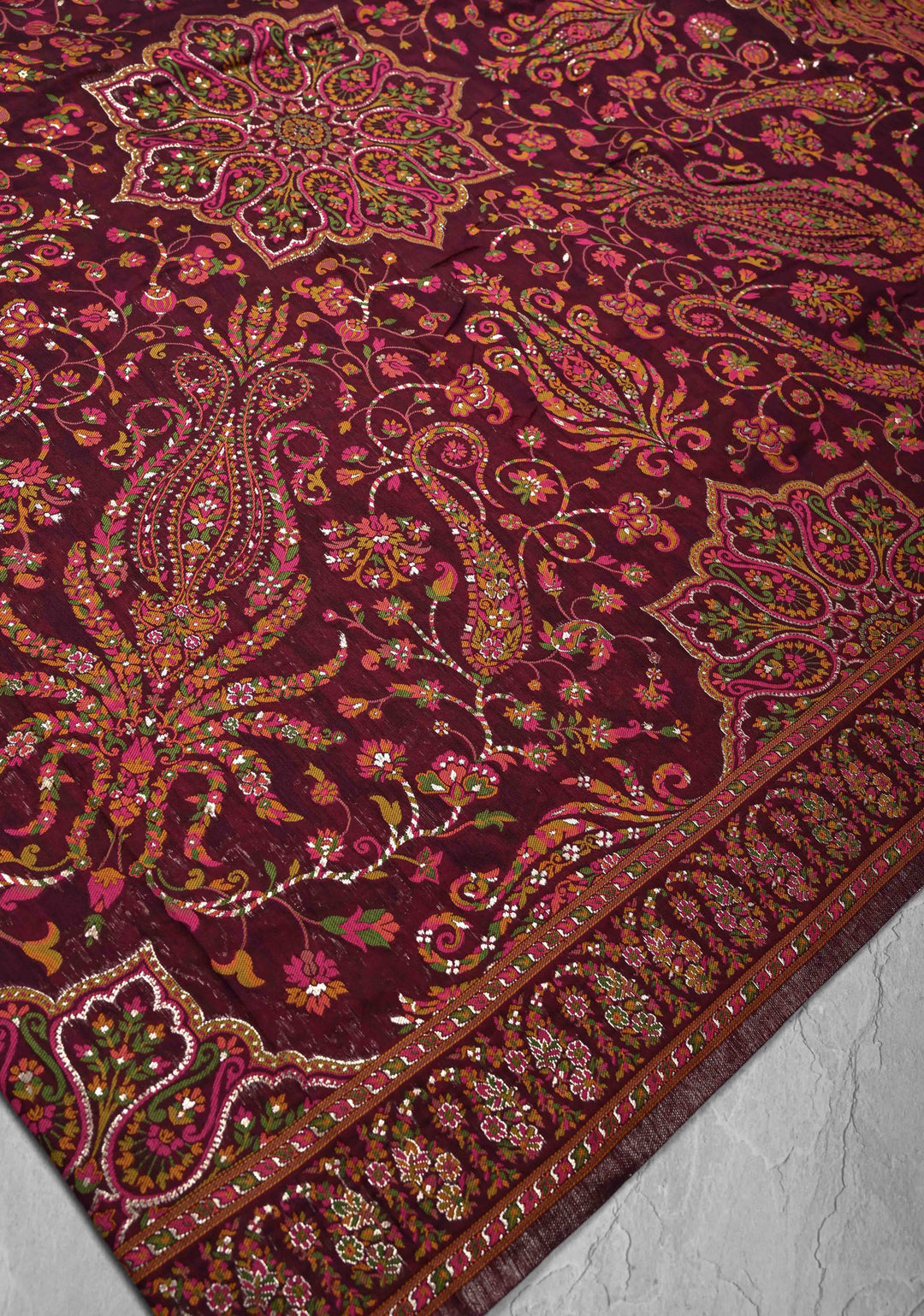 Kani Design with Floral Jaal in Dark Plum Rayon Saree.