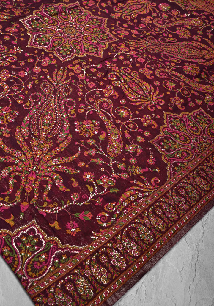 Kani Design with Floral Jaal in Dark Plum Rayon Saree.