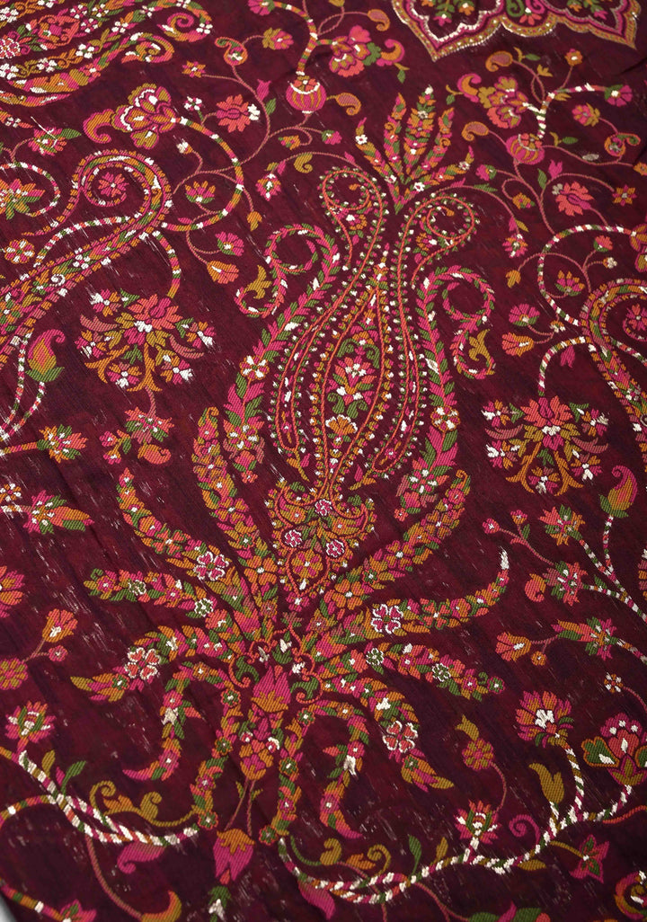 Kani Design with Floral Jaal in Dark Plum Rayon Saree.