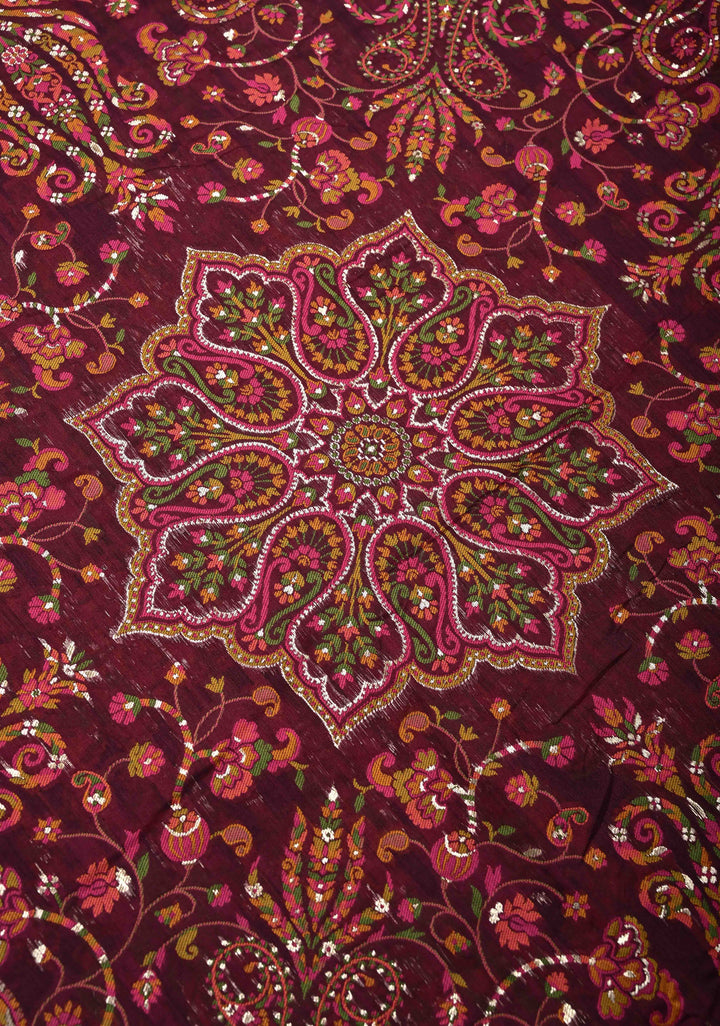 Kani Design with Floral Jaal in Dark Plum Rayon Saree.