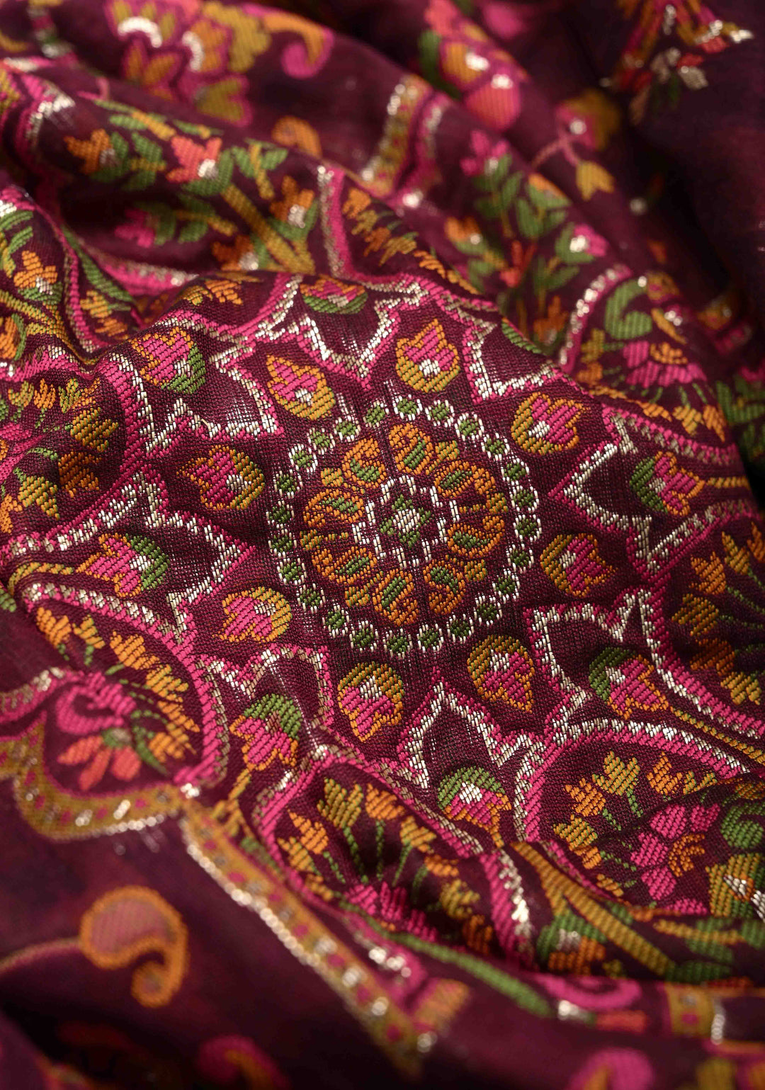 Kani Design with Floral Jaal in Dark Plum Rayon Saree.