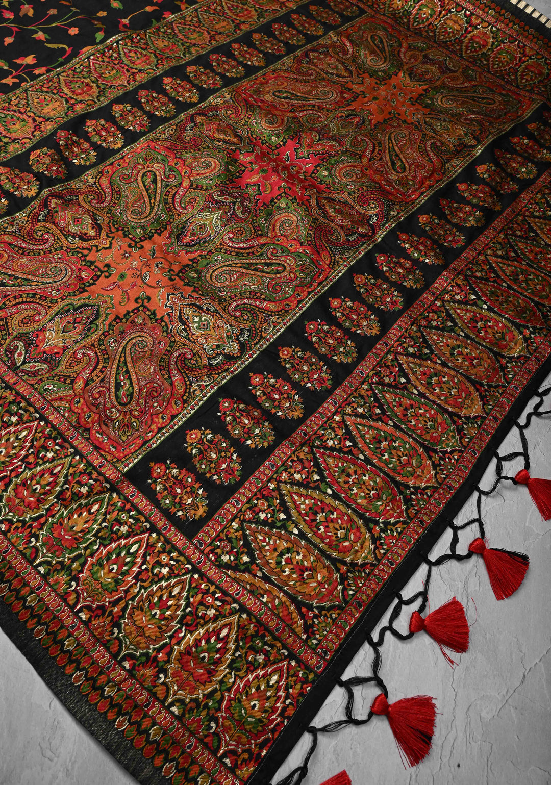 Black Rayon Saree with Kani Design and Floral Design