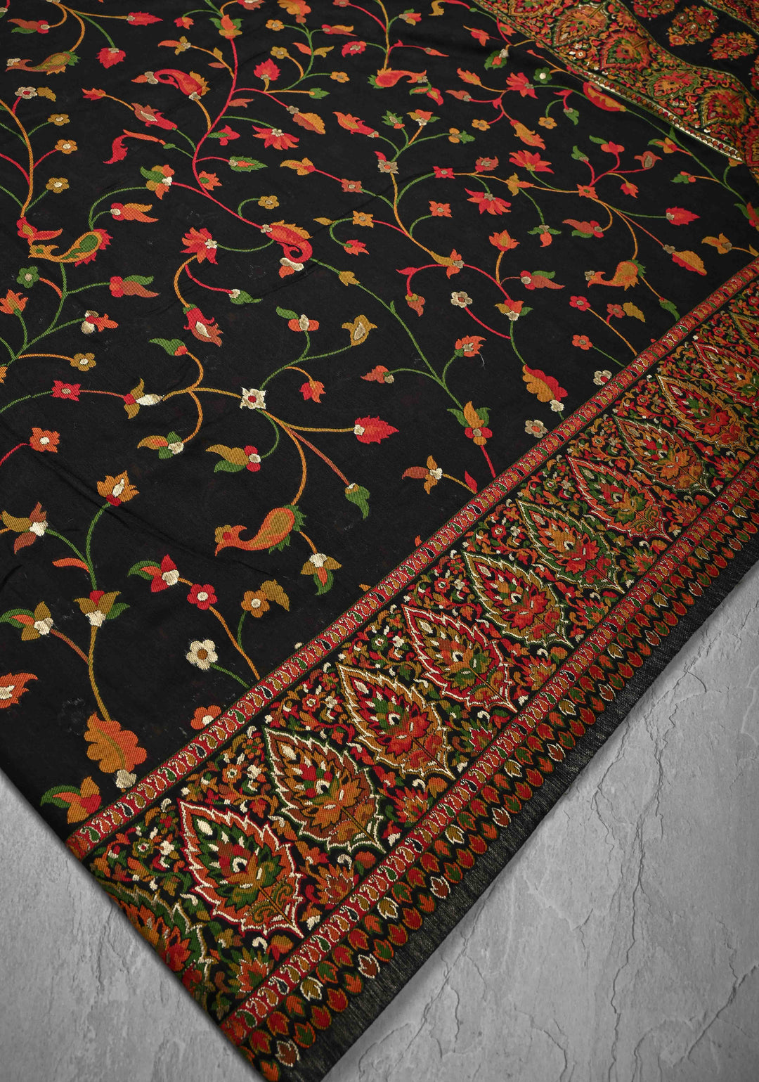 Black Rayon Saree with Kani Design and Floral Design