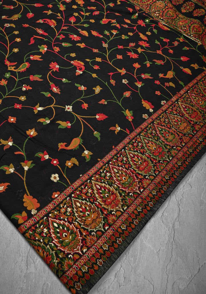 Black Rayon Saree with Kani Design and Floral Design